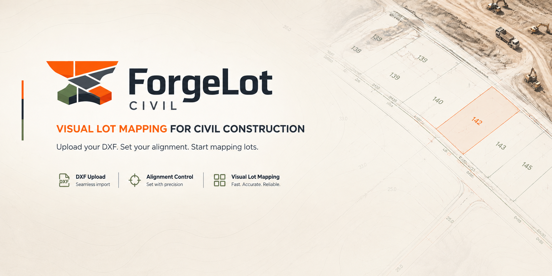 ForgeLot Civil: visual lot mapping for civil construction, showing a site plan with numbered lots over an earthworks corridor