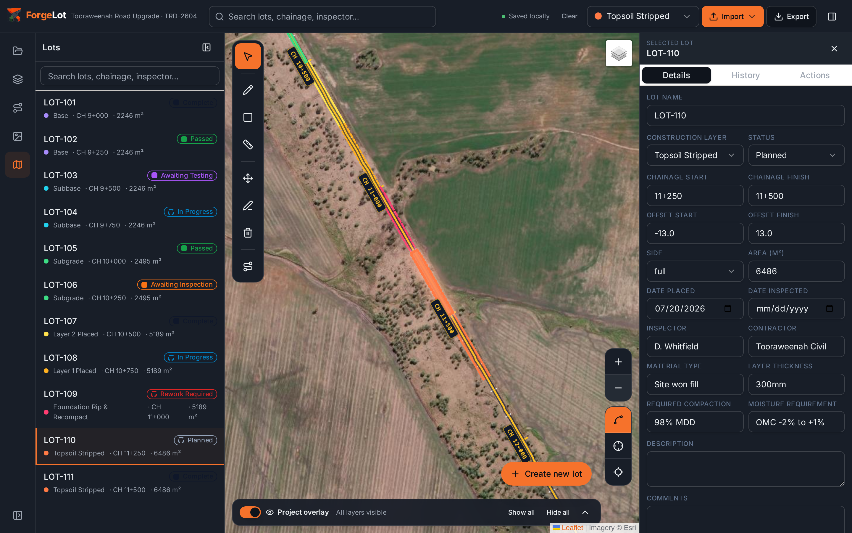 ForgeLot bulk earthworks project with large coloured work lots and selected-lot details