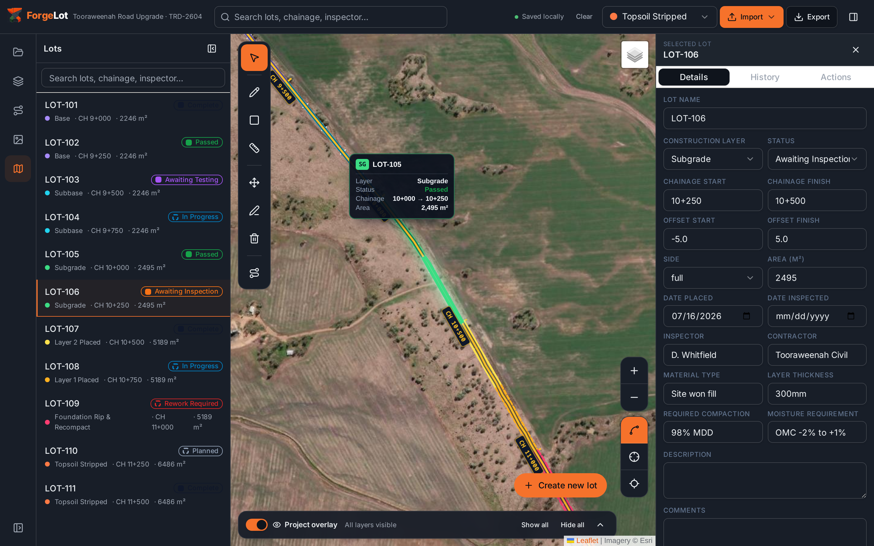 ForgeLot road lot highlighted with a compact hover information panel
