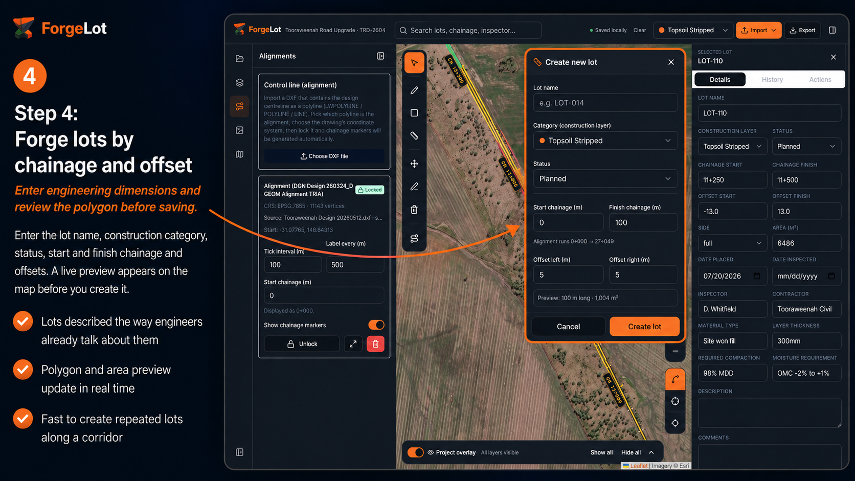 ForgeLot Create new lot panel with chainage, offsets, category and live polygon preview