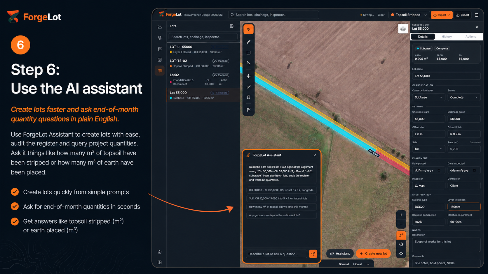 ForgeLot Assistant creating a lot and answering a topsoil quantity question