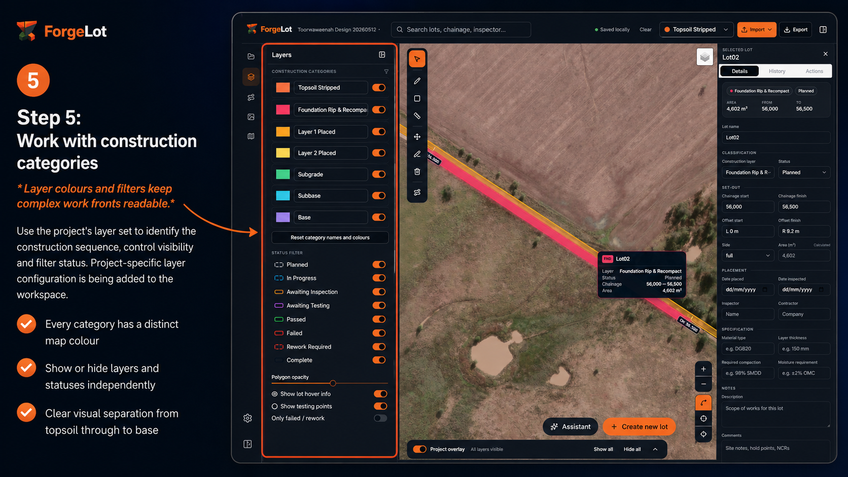 ForgeLot construction layers panel with coloured categories and status filters