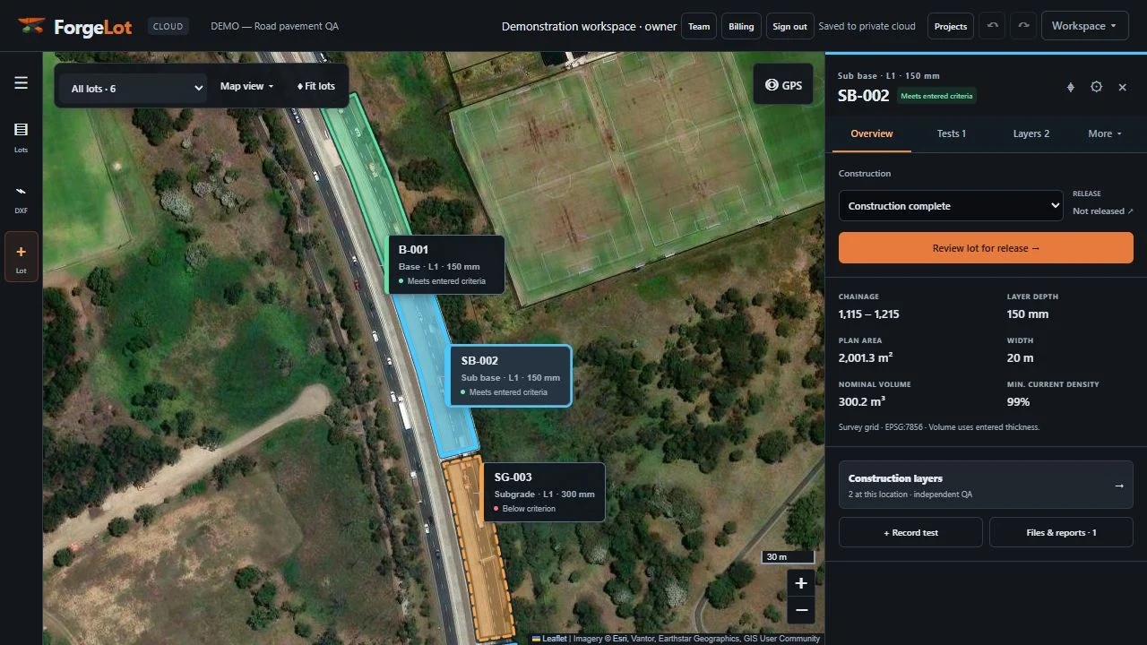 ForgeLot demonstration lot highlighted with its category, depth, area and test outcome