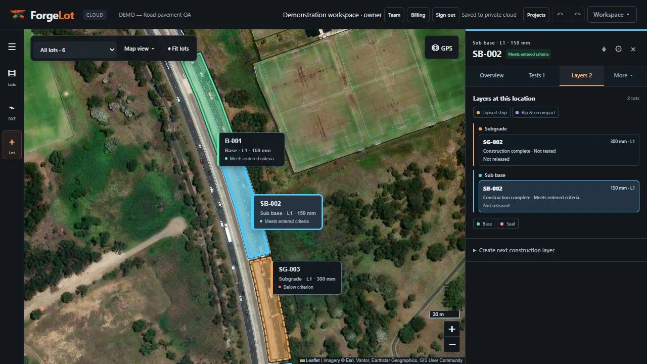 ForgeLot layer inspector showing separate sub base and base QA records in a demonstration project