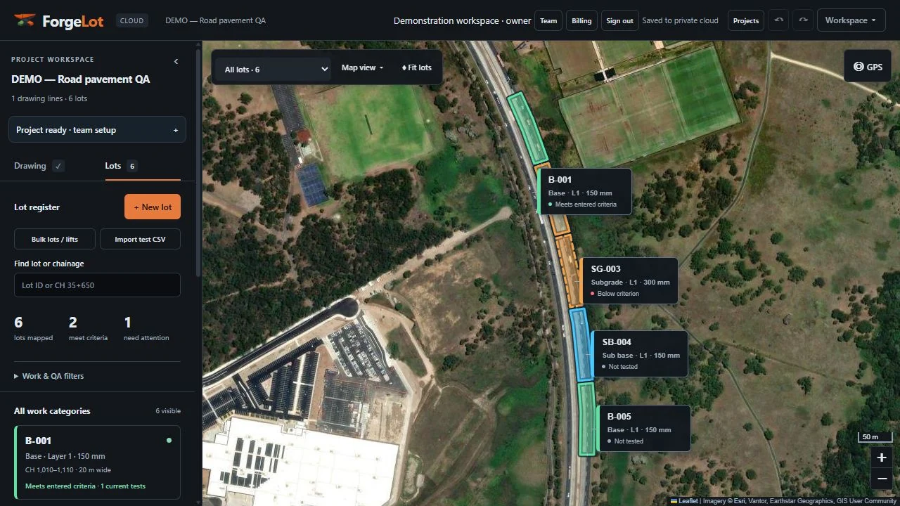 Actual ForgeLot demonstration workspace with lots following a visible road corridor
