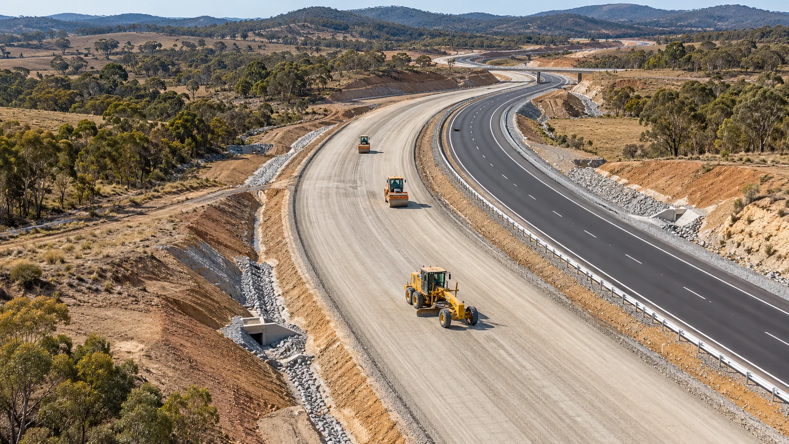 Illustration of a road upgrade with compacted pavement layers, rollers and a grader beside a finished carriageway